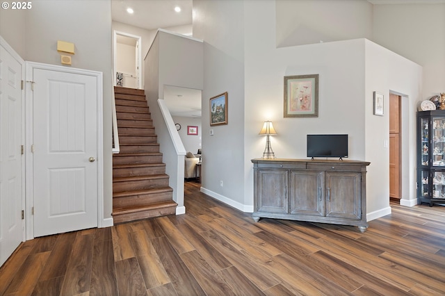 14644 SE Sterling Ct, Clackamas, OR 97015 - foyer with wood finished floors, stairway, baseboards, recessed lighting, and a high ceiling