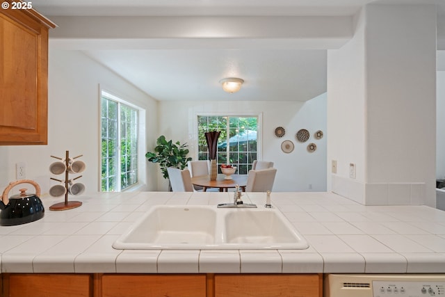 kitchen with white dishwasher, tile counters, brown cabinetry, and a healthy amount of sunlight