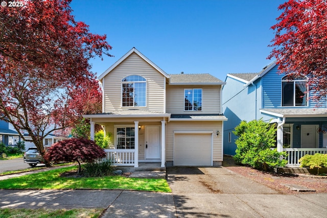 traditional-style home with covered porch, an attached garage, and concrete driveway
