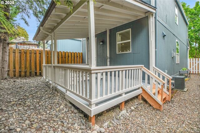 view of home's exterior featuring a fenced backyard, cooling unit, and a deck