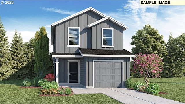 5409 NE 66th Pl, Vancouver, WA 98661 - view of front of home featuring board and batten siding, a front lawn, concrete driveway, a garage, and a shingled roof