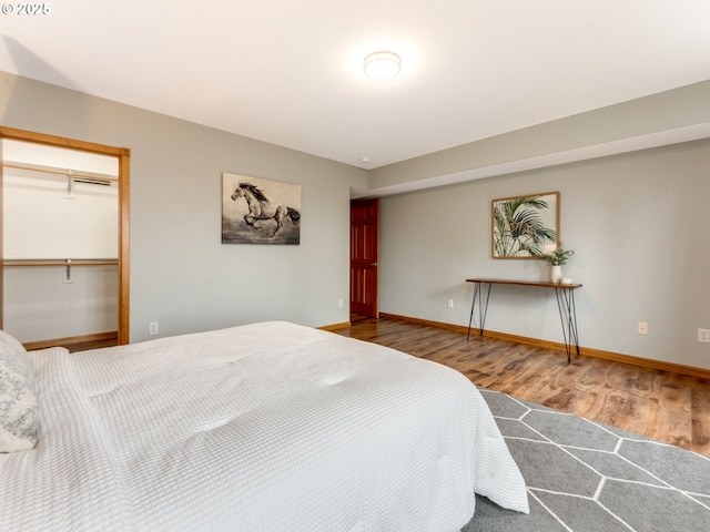 bedroom with a closet, a spacious closet, and wood-type flooring