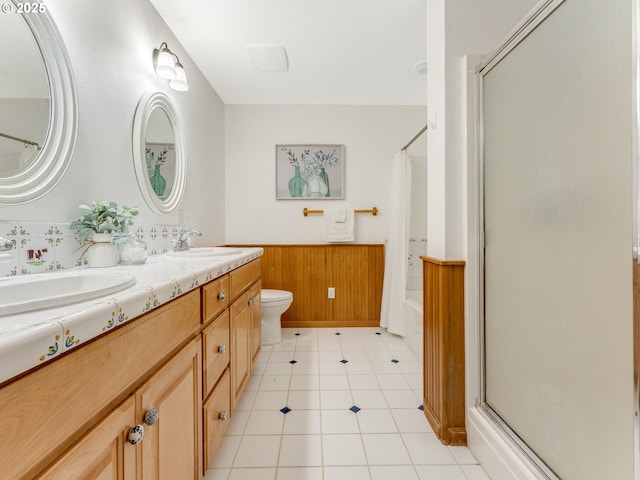 full bathroom with wooden walls, toilet, tile patterned floors, vanity, and plus walk in shower