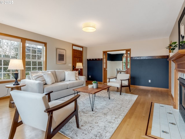 living room featuring a fireplace and light hardwood / wood-style floors