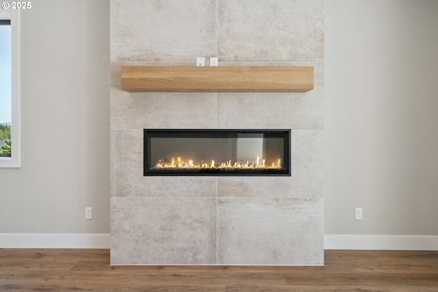 559 Meadows Dr, Manzanita, OR 97130 - detailed view of a glass covered fireplace, wood finished floors, and baseboards