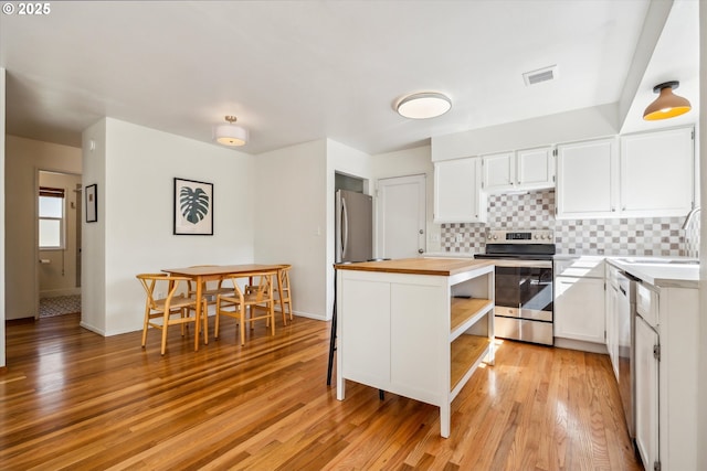 5515 SE 62nd Ave, Portland, OR 97206 - kitchen featuring stainless steel appliances, wooden counters, open shelves, decorative backsplash, and white cabinetry