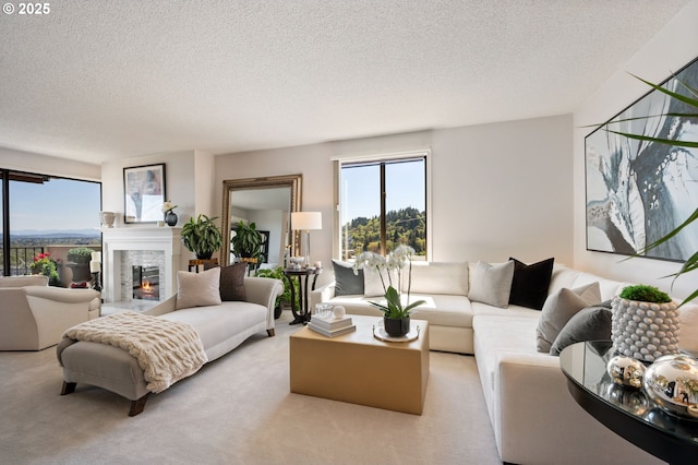 living area with light carpet, a textured ceiling, and a warm lit fireplace