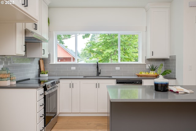 5827 NE 16th Ave, Portland, OR 97211 - kitchen with a sink, under cabinet range hood, electric range, white cabinets, and backsplash