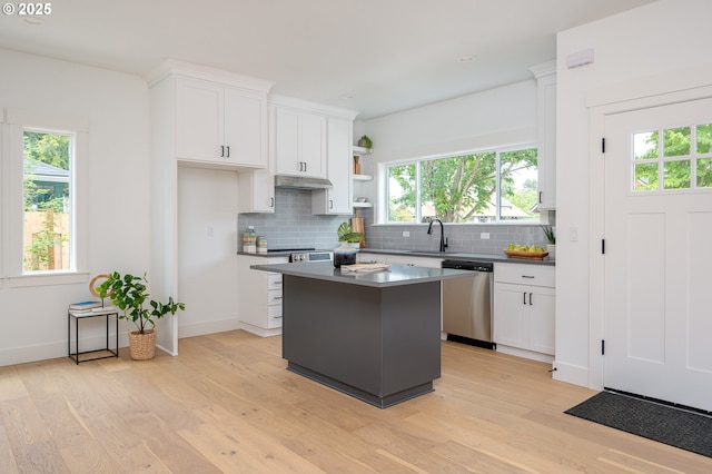 5827 NE 16th Ave, Portland, OR 97211 - kitchen with dishwasher, decorative backsplash, white cabinets, open shelves, and recessed lighting