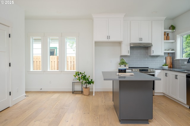 5827 NE 16th Ave, Portland, OR 97211 - kitchen featuring under cabinet range hood, stainless steel electric range, a sink, tasteful backsplash, and white cabinetry