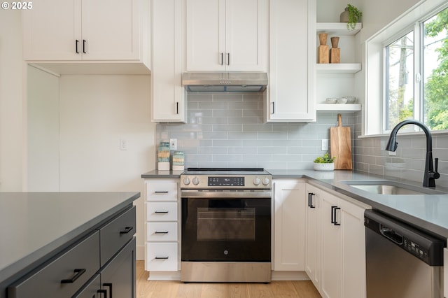 5827 NE 16th Ave, Portland, OR 97211 - kitchen with stainless steel appliances, under cabinet range hood, a sink, open shelves, and backsplash