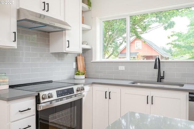 5827 NE 16th Ave, Portland, OR 97211 - kitchen featuring electric range, a sink, open shelves, under cabinet range hood, and backsplash