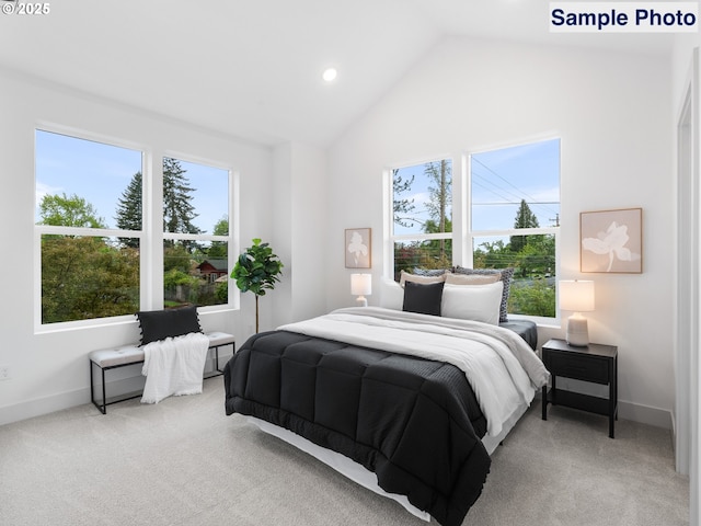 carpeted bedroom with recessed lighting, baseboards, and high vaulted ceiling