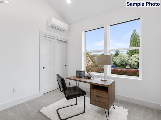 home office featuring baseboards, light carpet, vaulted ceiling, and a wall mounted air conditioner