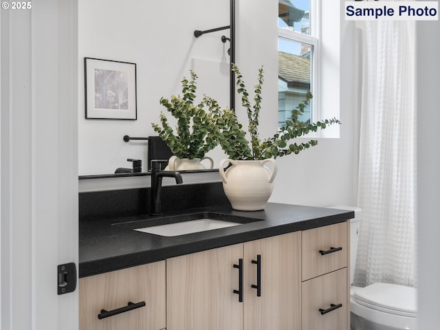 bathroom featuring toilet, a shower with shower curtain, and vanity