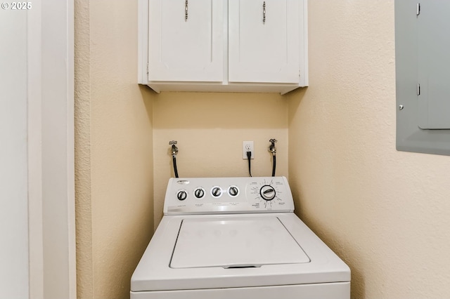 12172 SE Beckman Ave, Milwaukie, OR 97222 - laundry room with washer / dryer, electric panel, cabinet space, and a textured wall