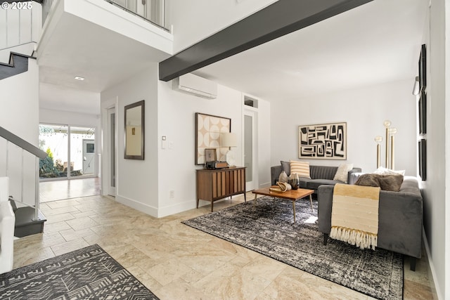 1368 Boca Ratan Dr, Lake Oswego, OR 97034 - living area featuring a wall mounted AC, stairs, and stone finish flooring