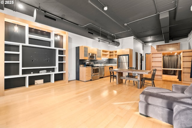 living room featuring light hardwood / wood-style flooring and a high ceiling