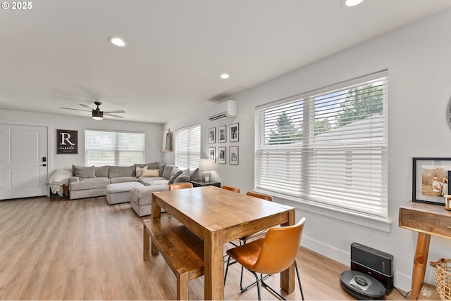 1410 NW Keasey St, Roseburg, OR 97471 - dining room featuring a wall mounted air conditioner, plenty of natural light, a ceiling fan, light wood-style floors, and recessed lighting