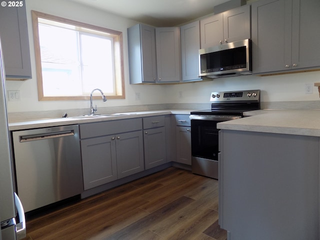 545 SE Firefly Ave, Corvallis, OR 97333 - kitchen with stainless steel appliances, gray cabinets, a sink, dark wood-style flooring, and light countertops
