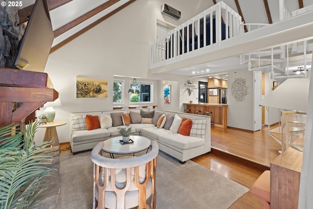3435 Lake Grove Ave, Lake Oswego, OR 97035 - living area featuring wood finished floors, high vaulted ceiling, and beam ceiling