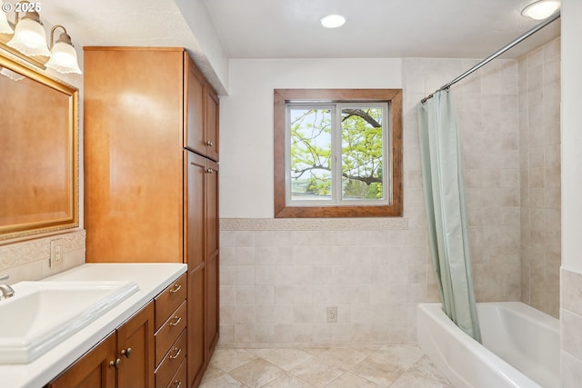 bathroom featuring recessed lighting, tile patterned floors, vanity, and shower / bathtub combination with curtain