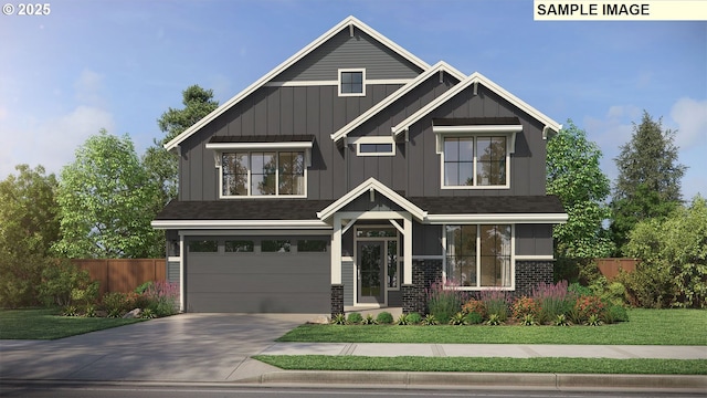 craftsman inspired home with brick siding, an attached garage, board and batten siding, fence, and driveway