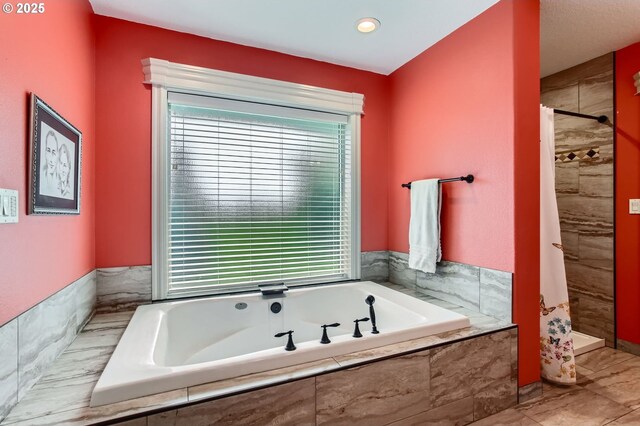 10588 Crosby Rd NE, Woodburn, OR 97071 - full bathroom with healthy amount of natural light, a bath, a tile shower, and recessed lighting