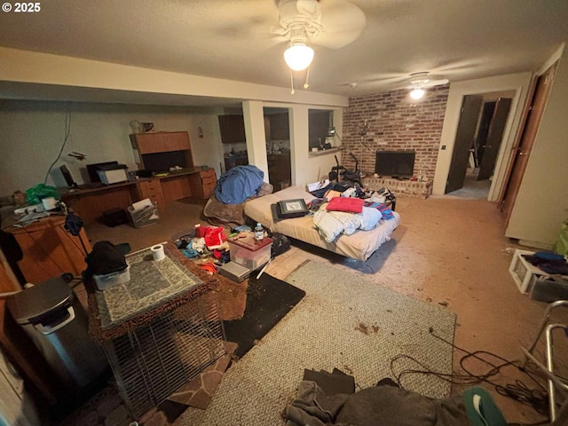 17373 SE Forest Hill Dr, Damascus, OR 97089 - carpeted living room with a brick fireplace and ceiling fan