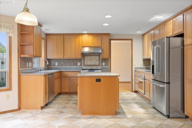 14100 SE 20th St, Vancouver, WA 98683 - kitchen with appliances with stainless steel finishes, exhaust hood, a sink, a kitchen island, and open shelves