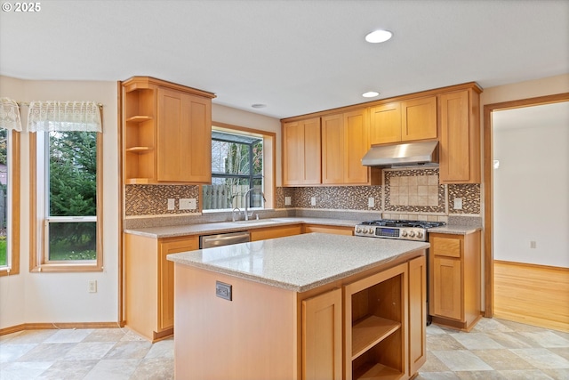 14100 SE 20th St, Vancouver, WA 98683 - kitchen with open shelves, range hood, a sink, a kitchen island, and tasteful backsplash