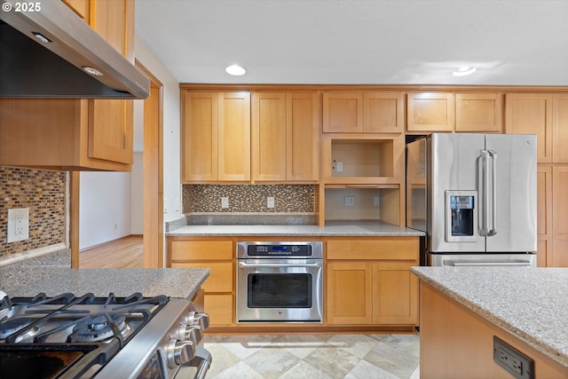 14100 SE 20th St, Vancouver, WA 98683 - kitchen featuring appliances with stainless steel finishes, under cabinet range hood, tasteful backsplash, open shelves, and recessed lighting