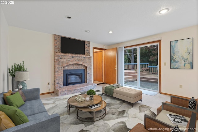 14100 SE 20th St, Vancouver, WA 98683 - living area with baseboards, a brick fireplace, and recessed lighting