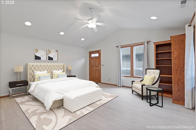 14100 SE 20th St, Vancouver, WA 98683 - bedroom featuring vaulted ceiling, light wood-type flooring, recessed lighting, baseboards, and ceiling fan