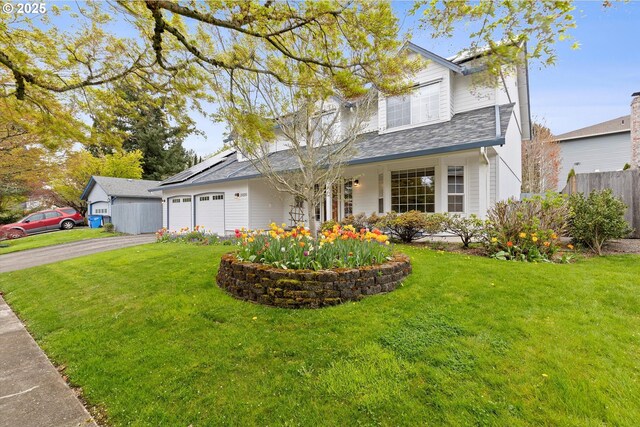 14100 SE 20th St, Vancouver, WA 98683 - traditional-style home with driveway, a garage, solar panels, and a shingled roof