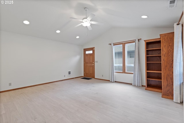 14100 SE 20th St, Vancouver, WA 98683 - unfurnished living room with vaulted ceiling, a ceiling fan, recessed lighting, light wood-style flooring, and baseboards
