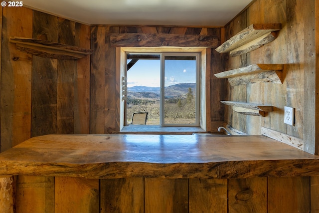 details with wooden walls and a mountain view