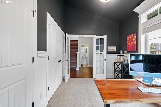 1622 Provincial Way, Eugene, OR 97401 - home office with high vaulted ceiling, french doors, and carpet flooring