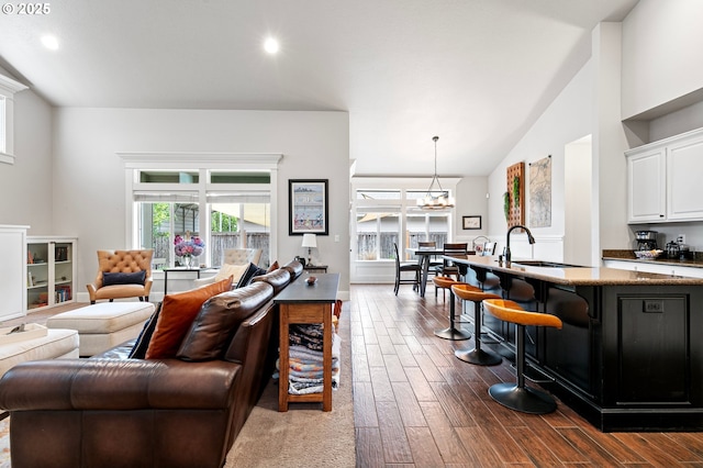 1622 Provincial Way, Eugene, OR 97401 - living area featuring dark wood-style flooring, vaulted ceiling, and recessed lighting