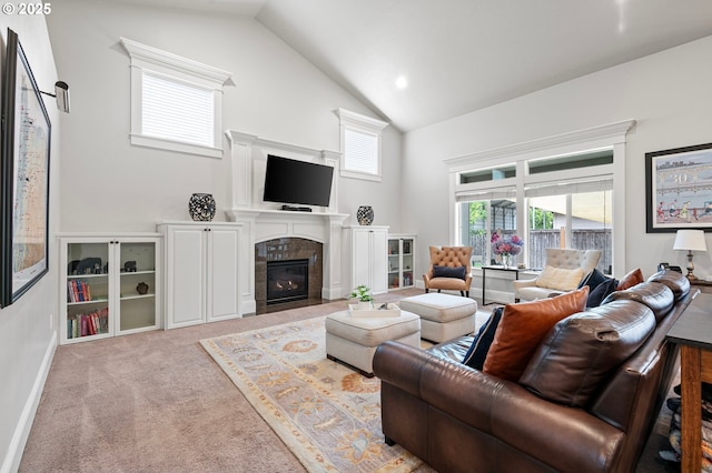 1622 Provincial Way, Eugene, OR 97401 - living room featuring high vaulted ceiling, carpet flooring, and a fireplace
