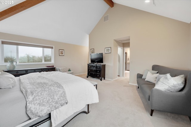 carpeted bedroom featuring beamed ceiling and high vaulted ceiling