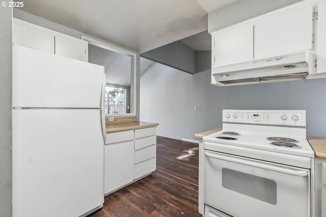 kitchen featuring white cabinetry, white appliances, and dark hardwood / wood-style floors