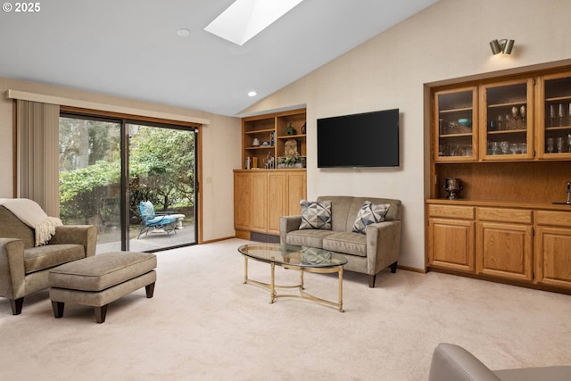 863 Fairway View Dr, Eugene, OR 97401 - living room with a skylight, vaulted ceiling, light carpet, and recessed lighting