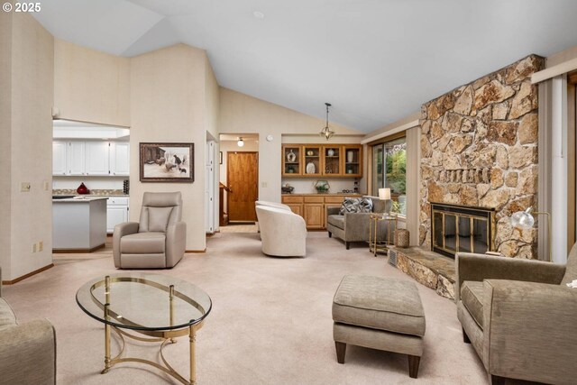 863 Fairway View Dr, Eugene, OR 97401 - living area featuring high vaulted ceiling, light carpet, and a fireplace