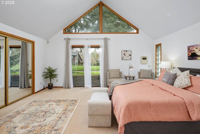 863 Fairway View Dr, Eugene, OR 97401 - bedroom with high vaulted ceiling, carpet floors, and access to exterior