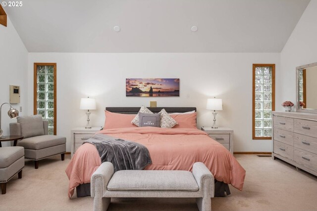 863 Fairway View Dr, Eugene, OR 97401 - bedroom featuring vaulted ceiling, light carpet, and baseboards