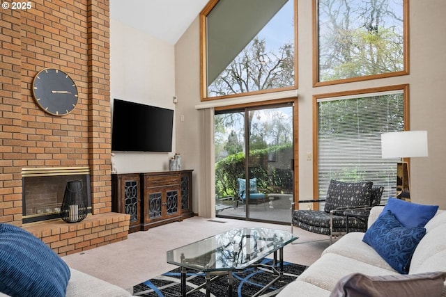 863 Fairway View Dr, Eugene, OR 97401 - carpeted living room with high vaulted ceiling and a fireplace