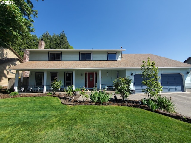 view of front of property with a garage, covered porch, driveway, a chimney, and a front yard