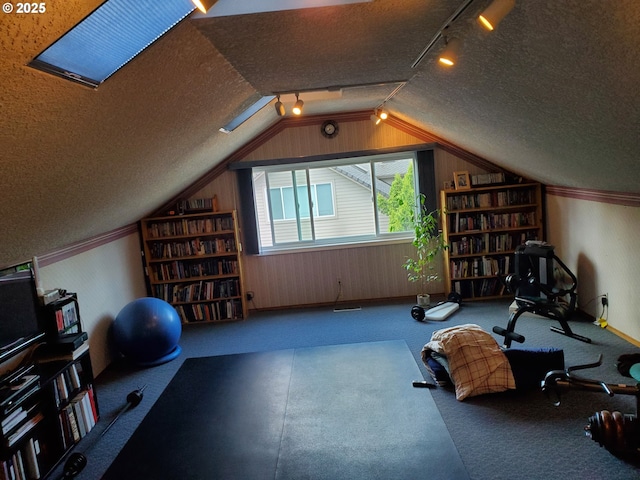 workout area featuring carpet flooring, a textured ceiling, vaulted ceiling, track lighting, and wooden walls