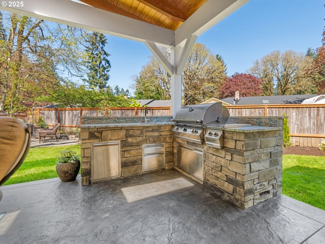 view of patio / terrace with an outdoor kitchen, grilling area, and a fenced backyard
